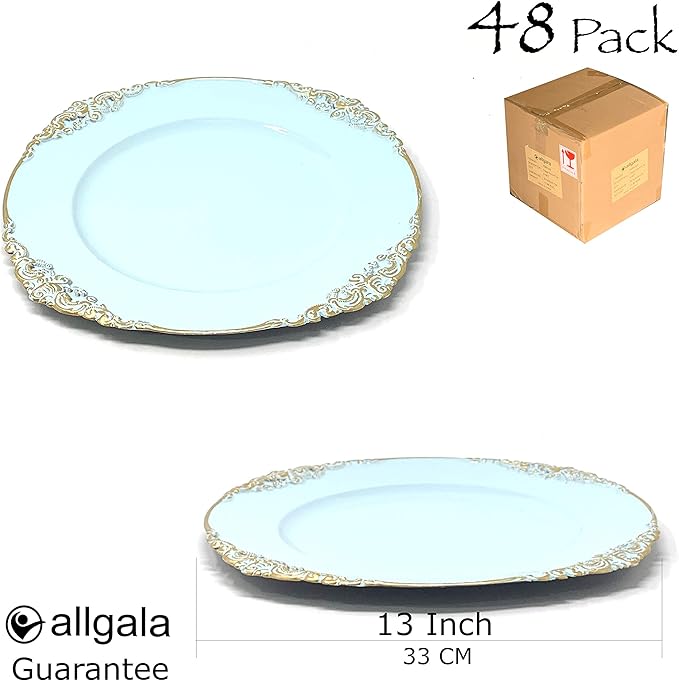 allgala 13-Inch 48-Pack Case Lot Heavy Quality Round Charger Plates-Floral Light Blue-HD80844