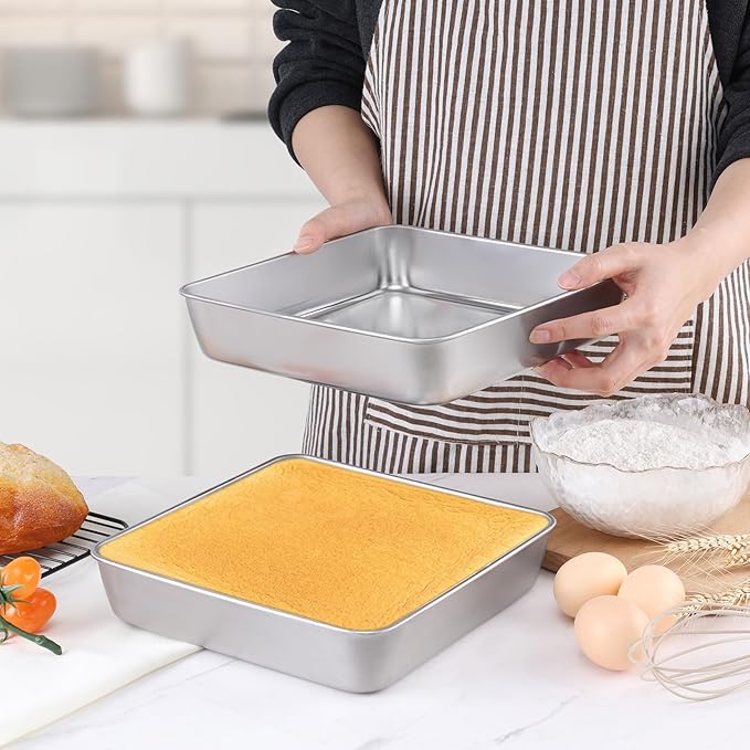 LIANYU 9 x 9 Inch Square Baking Cake Pan Set of 4, Stainless Steel Brownie Bread Cake Molds, Square Bakeware for Lasagna Pie, Oven & Dishwasher Safe