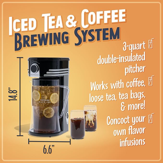Nostalgia 3-Quart Iced Tea & Coffee Brewing System With Double-Insulated Pitcher, Strength Selector & Infuser Chamber, Also Perfect For Lattes, Lemonade, Flavored Water, Black