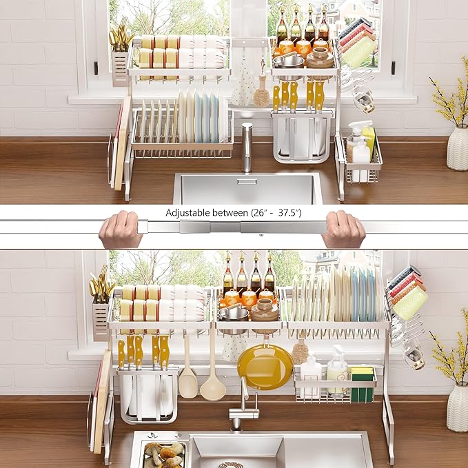 PUSDON Over Sink Dish Drying Rack Stainless Steel, Adjustable Large Dish Drainer for Storage Kitchen Organization Silver 2 Tier - Standard(26"-38")