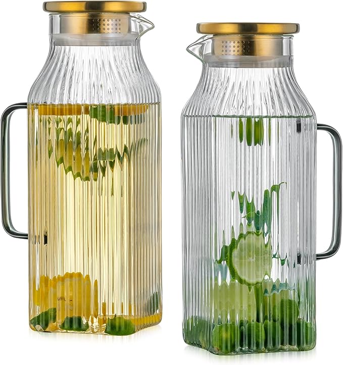 2 PACK Square Glass Pitcher with Lid and Spout,68 oz/2 Liter Vertical Stripes Water Pitcher for Fridge, Borosilicate Glass Water Carafe for Cold Brew, Coffee, Lemonade, Sun Tea,Heat Resistant