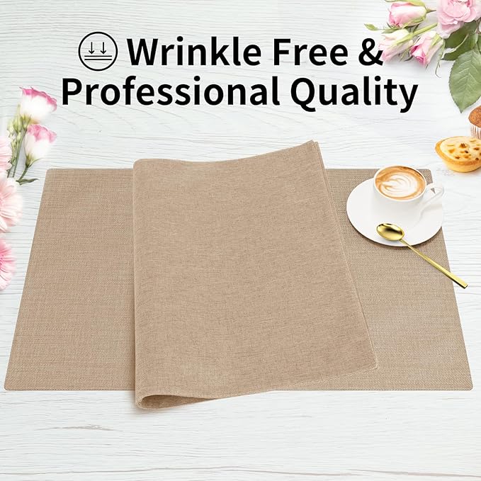 Cloth Placemats, Set of 6 Heat-Resistant Cotton Linen Blend Double Layered Machine Washable Place Mats, Wrinkle Free Thick Fabric Dining Table Mats for Indoors & Outdoors (Light Linen, 6)