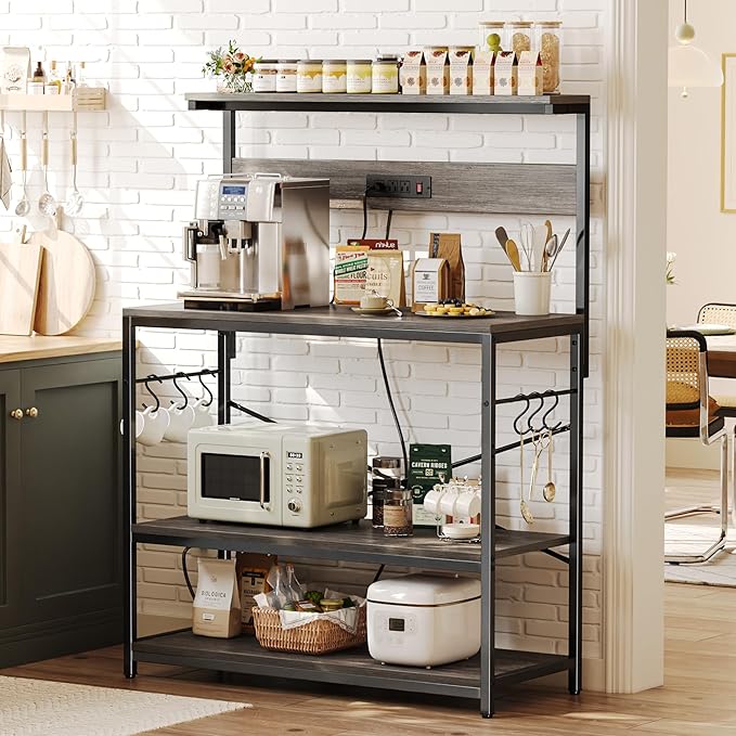 SUPERJARE Bakers Rack with Power Outlets, Microwave Stand, 39.4 X 14.3 Inch Larger Desktop, Kitchen Storage Rack with Adjustable Middle Shelf, 6 S-Shaped Hooks, Coffee Bar Stand, Grey