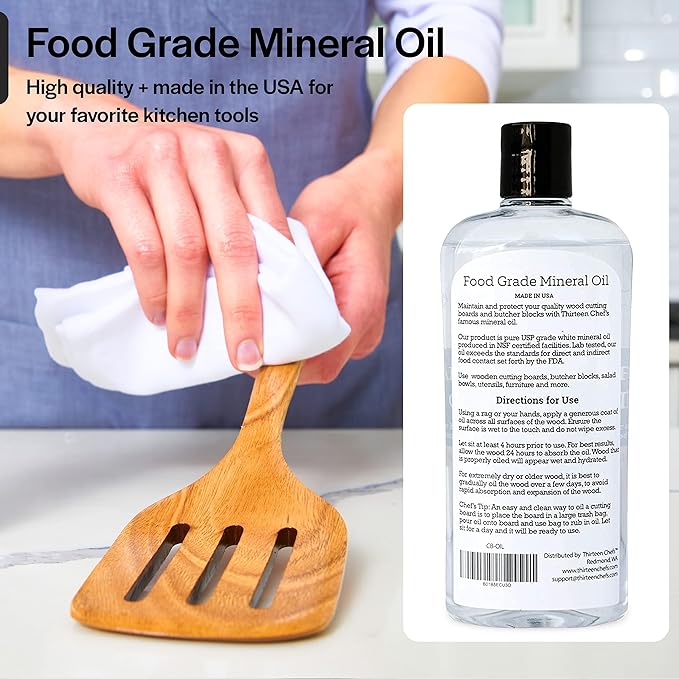 Thirteen Chefs Mineral Oil - 8 oz Food Grade Conditioner for Wood Cutting Board, Countertop & Butcher Block, Lubricant for Knife or Meat Grinder - Safe USP Finish on Marble, Soapstone