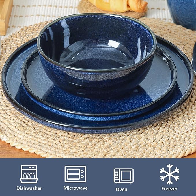 Vicrays Ceramic 18 Pieces Dinnerware Set - Dinner Plates Salad Plates Cereal Bowls Set Service for 6 - Scratch Resistant Microwave Oven Dishwasher Safe - Blue
