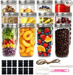 Wide Mouth Mason Jars 24 oz with Lids, Glass Jars with Airtight Lids and Band, Safe for Canning, Food Storage, Pickling, Overnight Oats Container, Pint and A Half Size (Pack of 12)