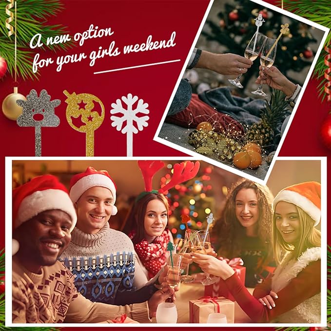 20 Pcs Christmas Drink Stirrers, 5.9" Glitter Plastic Holiday Stir Sticks with 10 Festive Designs for Holiday Hot Chocolate, Cocktails, Coffee & Party Decor
