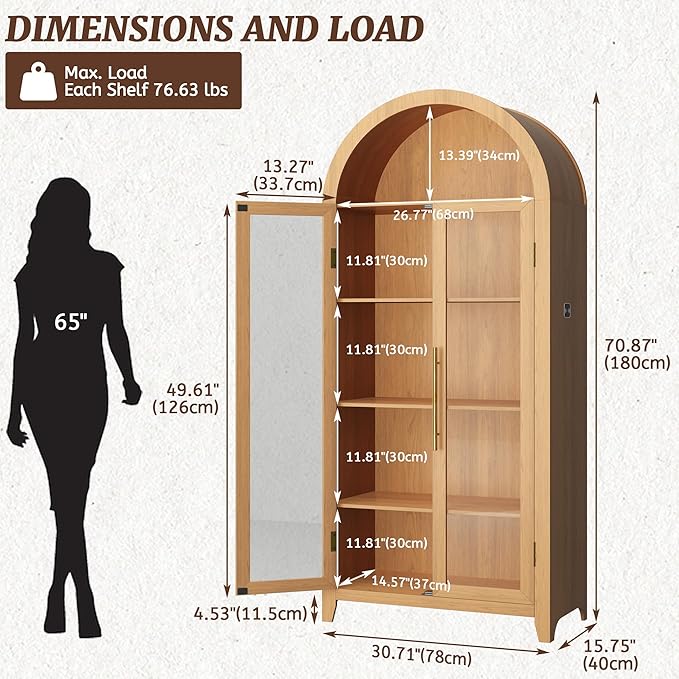Arch Storage Cabinet with Tempered Glass Door, 71” Arched Display Floor Cabinet, 5 Tier Farmhouse Buffet with Storage for Dining Room, Living Room, Home Office or Kitchen(Oak)