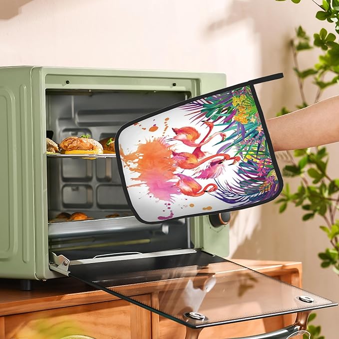 Tropical Palm Pot Holder Set of 2,Flamingo Watercolor Kitchen Heat Resistant Potholder for Women Men BBQ Cooking Baking