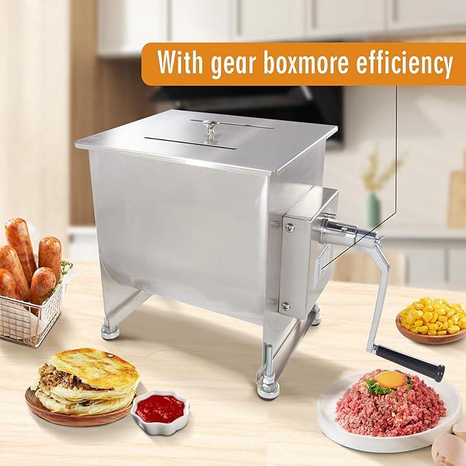 CMI Commercial Stainless Steel Manual Meat Mixers with lid,16Lb/10L Fixed Tank,(Mixing Maximum 15Lb for Meat),Sausage Mixer Machine Meat Processing Equipment