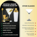 VEMACITY - Luxury Cocktail Shaker Set - Gold Glass Cocktail Shaker with Built-In Strainer, 2 Ribbed Espresso Martini Glasses with Gold Rims, Bar Spoon & Jigger - Gift Sets, Wedding Gift