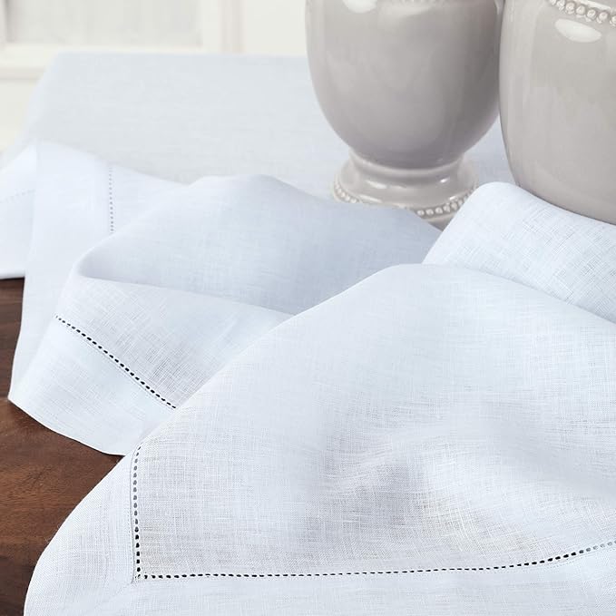 Solino Home Linen Tablecloth 60 x 108 Inch - Classic Hemstitch 100% Pure Linen Light Blue Table Cloth for Rectangle Tables - Machine Washable Tablecloth for Summer