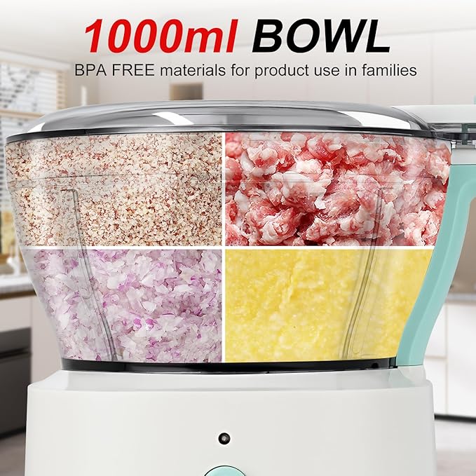 Food Processor Electric Food Chopper with 4.5-Cup(1000ml) Vegetable Chopper & Meat Grinder,BPA Free, Stainless Steel Blade for Chopp, Slice, Mince, Grind, and Puree, for Baby Food & Family Use