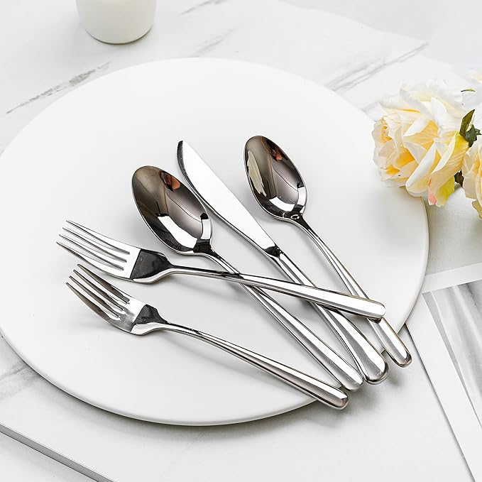 Silverware Set, Flatware Set – 18/10 Stainless Steel with Steak Knives, Mirror Polished, Ergonomic Handles, Dishwasher Safe, Perfect for Home, Party, Wedding, 20-Piece for 4 (Silver)