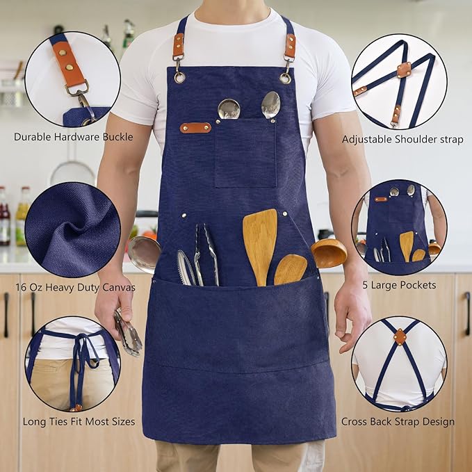 Canvas Aprons for Men Chef Apron, Work Apron with Large Pockets - 16oz Heavy Duty Cross Back, BBQ, Cooking