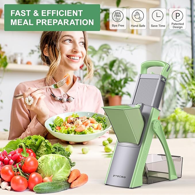 2025 [All in 1] Upgraded Version Safe Mandoline Slicer for Kitchen, Adjustable Thickness. Detachable Blade, Veggie Slicer, Rapid Prep Mandoline, with Cleaning Brush/Paring Knife (MatchaGreen)