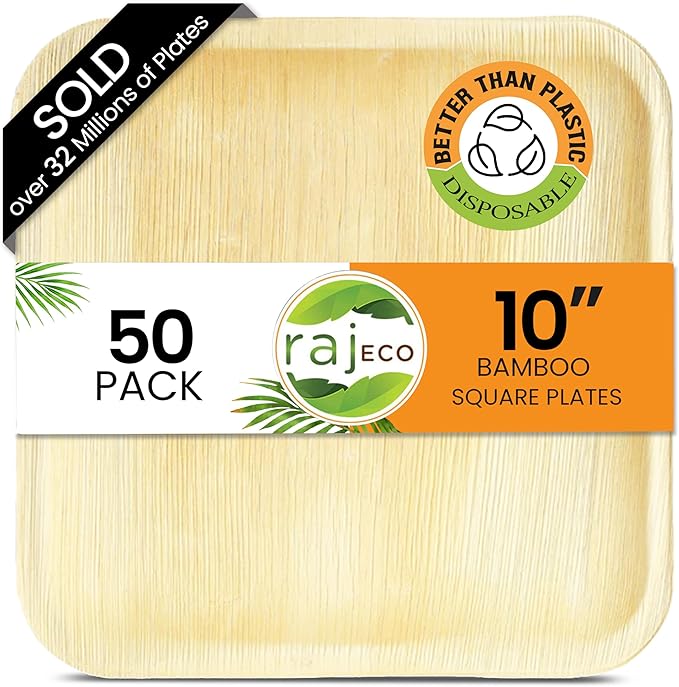 Raj Eco Compostable Palm Leaf Plates Like Bamboo Plates Disposable - 10 Inch Square 50 Party Plate, Natural Wooden, Eco-Friendly, Fancy Biodegradable & Disposable Wedding Picnic Plate