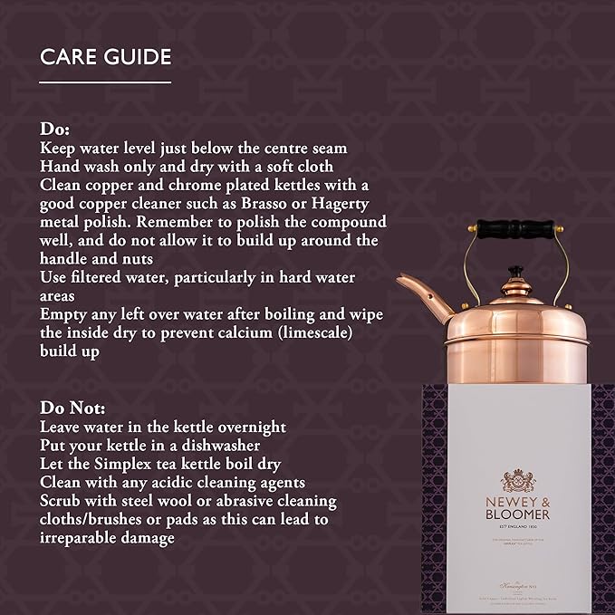 Newey & Bloomer Kensington No. 1 Tea Kettle, 1.9 Qt. - Handmade Solid Copper Body & Beechwood Handle, Whistling Lid - Classic British Craftsmanship - Gas & Electric Compatible