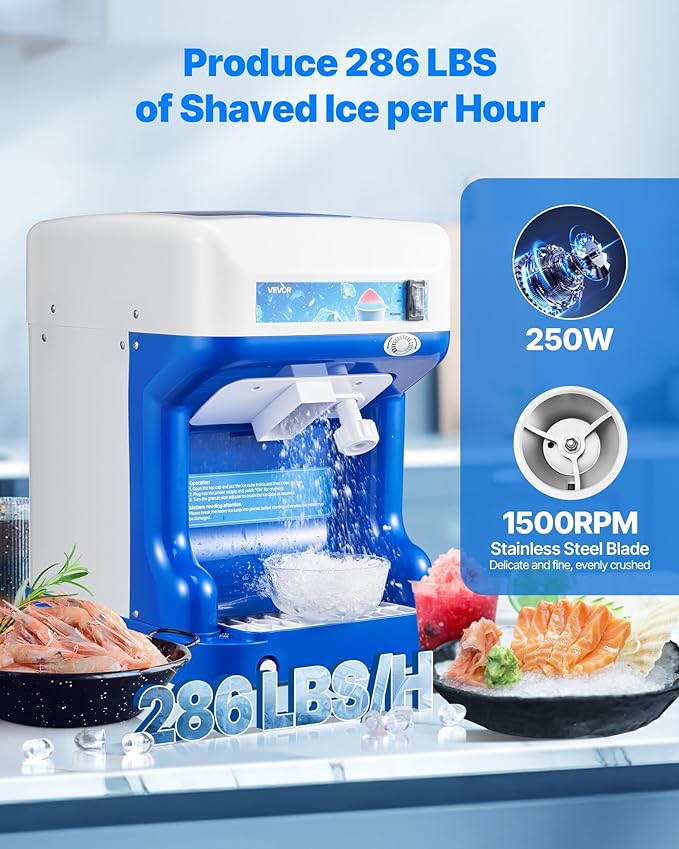 VEVOR Commercial Ice Shaver Crusher,286lbs Per Hour Electric Snow Cone Maker with 2L Ice Cube Box, 250W 1500RPM Tabletop Shaved Ice Machine for Parties Events Snack Bar, Home and Commercial Use (Blue)
