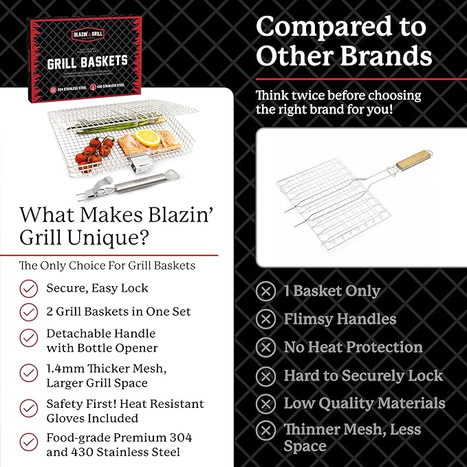 BLAZIN' GRILL Baskets for Outdoor Grill | 2 Grilling Baskets with Detachable Handle | Grill Baskets for Outdoor Grill with BBQ Gloves | Barbecue Grill Set for Vegetables, Seafood & Meat | Fish Grill Basket