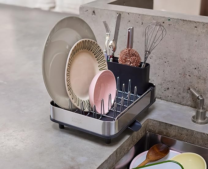 Joseph Joseph Extend Slim Steel Expandable Dish Drying Rack with Removable Cutlery Holder and Swivel Draining Spout, Compact Design, Grey