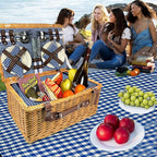 Nature Gear Picnic Basket, Wicker Basket with Handle for Outdoors, Insulated Woven Basket, Includes a Service Kit of Dinnerware & Wine Glasses, Picnic Basket Set for 4 with Blanket, Blue & White