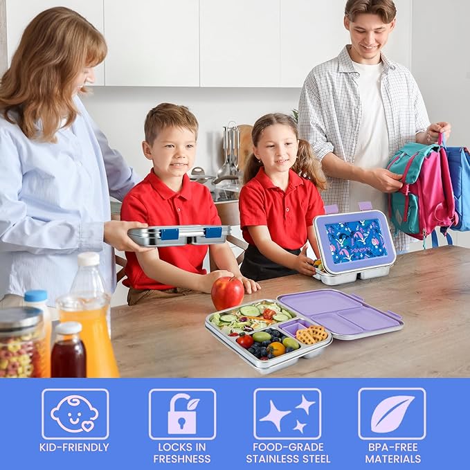 MaMix Kids Lunch Box Stainless Steel,3 Compartments Leak-Proof Bento Box for Kids for Sandwich, Lunch Containers Freezer Safe (purple)