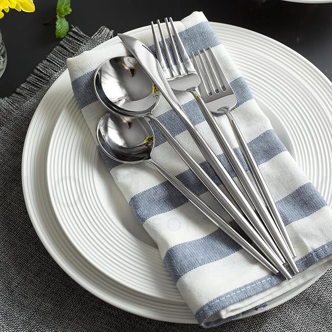 Homelux Theory 18/10 Stainless Steel Silverware Set, 4 Cutlery Set of 5pc Heavy Duty Spoons & Forks Set, Stainless Steel Kitchen Utensils, Adaline Royal Modern Utensils & Contemporary Flatware Set