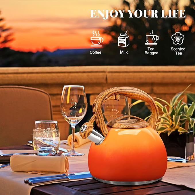 GGC Tea Kettle for Stove Top, 3.1QT/3L Whistling Tea Kettles for Boiling Water, Coffee or Milk, Red Sunset Tea Pot with Wood Pattern Handle, Stainless Steel Tea Pot for Home and Kitchen