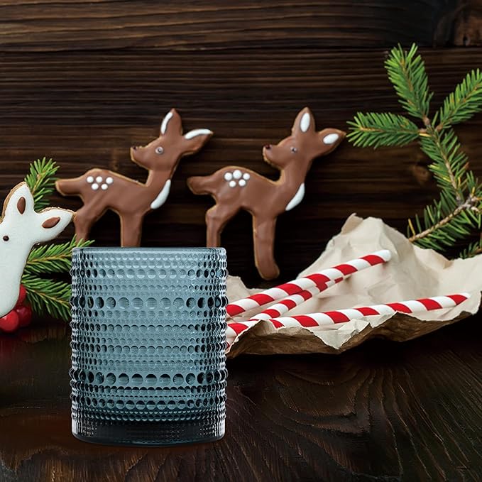 Hobnail Drinking Glasses Set of 6, Vintage Colored Glassware 11oz, Beverage Glass Cups for Water, Juice, Cocktail (Blue)