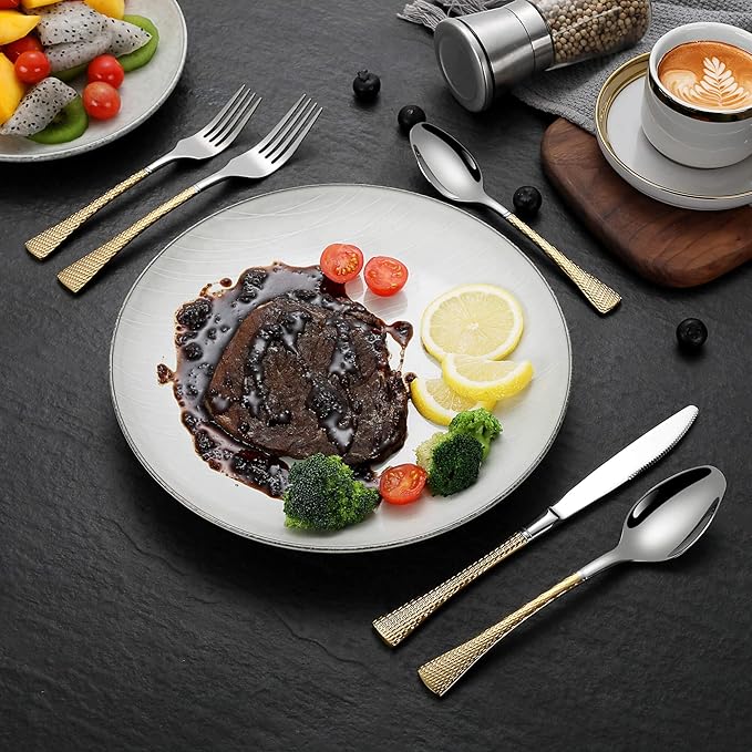 Lemeya Hammered Silver Gold Silverware Set,20 Piece Modern Flatware Set Service for 4,Mirror Polished Stainless Steel Cutlery Set Utensil Set Tableware,Kitchen Knives Forks Spoons Set,Dishwasher Safe