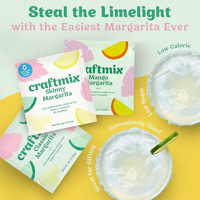 Craftmix Margarita Variety Pack, Makes 24 Drinks, Skinny Cocktail Mixers, Instant Mix Mocktail Kit, Real Fruit, Vegan Low Carb Non-GMO, Dairy Free, Gluten Free, Easy to Mix