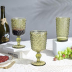 Joeyan Green Vintage Wine Glasses,Water Goblet Glasses,Stemmed Drinking Glasses with Embossed Pattern,Colored Glassware for Wedding Party Banquet Feast,10 oz,Set of 4,Dishwasher Safe