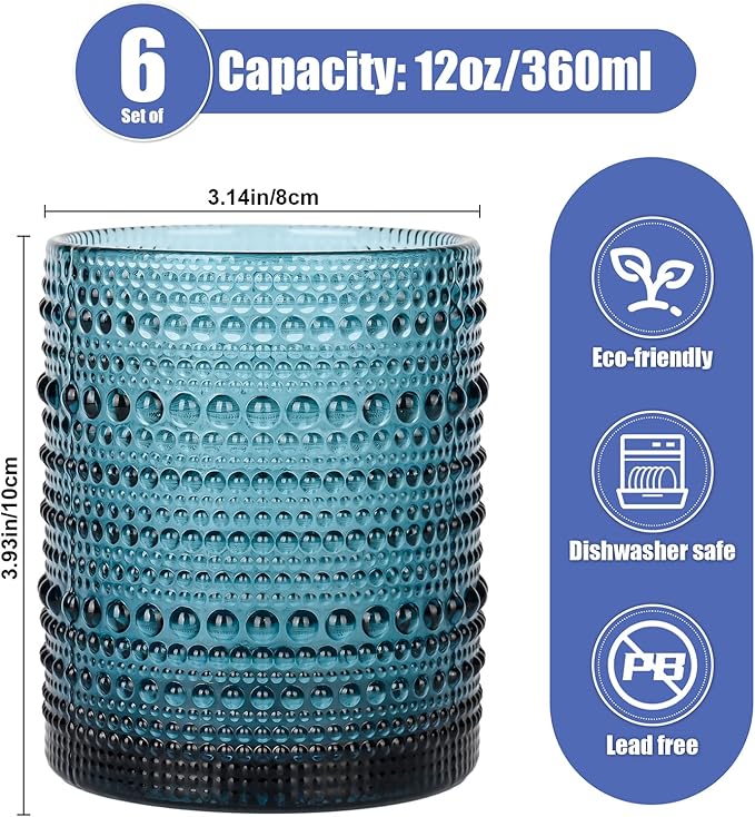 Vintage Glassware Drinking Glasses Set of 6,12 oz Hobnail Glass Cups,Embossed Blue Water Tumbler,for Beer,Cocktail,Whiskey,Juice and Various Mixed Drinks- 1 Cleaning Brush