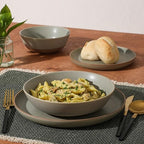 Gibson Elite Laguna Bliss 16 Piece Stoneware Reactive Glaze (Service for 4) Ceramic Plates and Bowls Dinnerware Set - Matte Green W/Terracotta Bottom