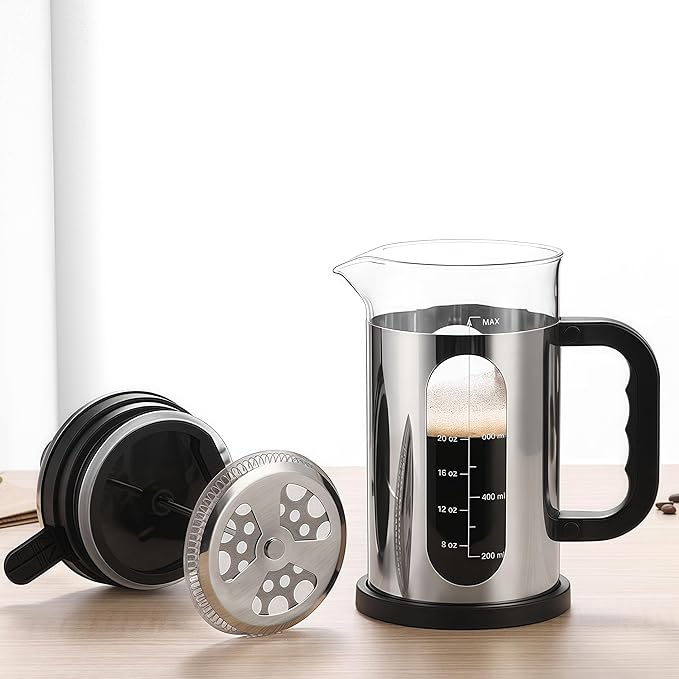 Camping 34oz French Press Coffee & Tea Maker - Heat Resistant Borosilicate Glass, Stainless Steel Outer, Press On Lid, Portable Travel Design, BPA Free