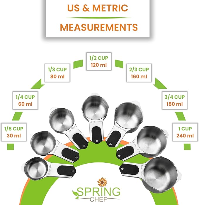 Spring Chef Magnetic Measuring Cups & Spoons Set (Patent Pending), Strong N45 Magnets, Heavy Duty Stainless Steel Fits in Spice Jars for Baking & Cooking, BPA Free, Round Set of 15 with Leveler, Black
