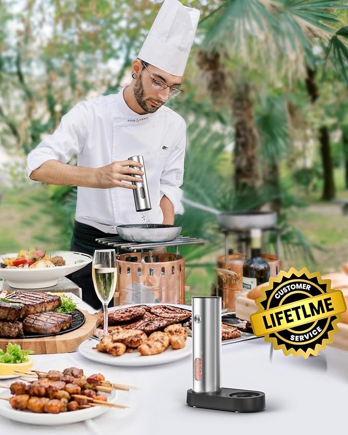 Electric Salt and Pepper Grinder Set with Rechargeable Base - Upgraded Large Capacity, Refillable Pepper Mill Set with LED Light & Adjustable Coarseness, Ideal for Kitchen, Outdoor, BBQ & Gift Giving