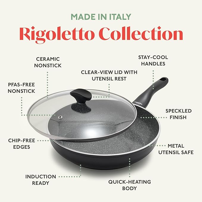 Rigoletto 3.1QT Nonstick Sauté Pan & Lid, Made in Italy, Vesuvio Layered Ceramic PFAS-Free Surface, Induction Ready, Dishwasher & Metal Utensil Safe, Granite Finish, Stay-Cool Handle, Black