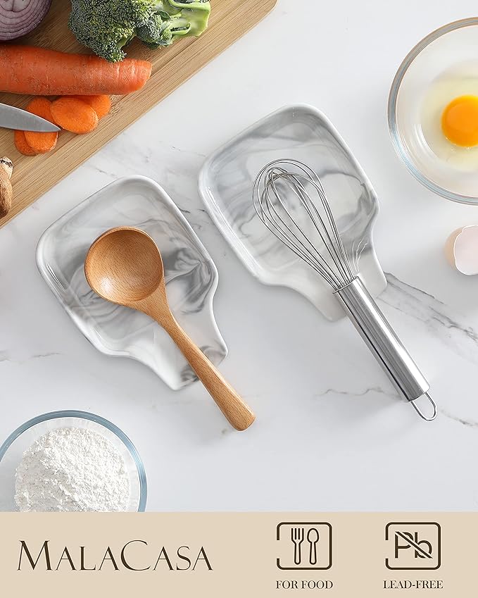 MALACASA Spoon Rest, Large Spoon Rests for Stove Top, Porcelain Spoon Holder for Kitchen Counter, Utensils Rests, Cooking Spoon Holders for Spatula Ladle Tongs, Marble Grey, Series REGULAR