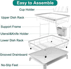 2-Tier Dish Drying Rack for Kitchen Counter,Space-Saving Dish Rack with Drainboard,Rustproof Countertop Dish Drainer with Utensil Holder for Sink,White