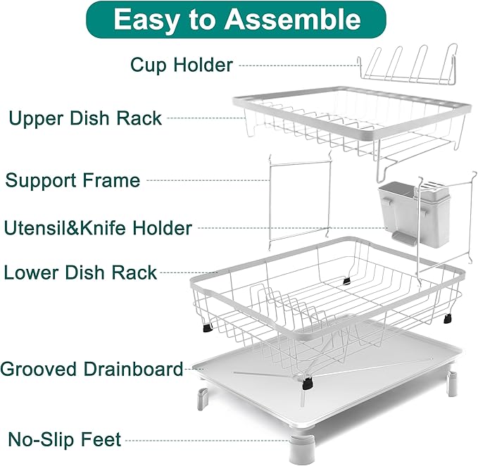 2-Tier Dish Drying Rack for Kitchen Counter,Space-Saving Dish Rack with Drainboard,Rustproof Countertop Dish Drainer with Utensil Holder for Sink,White