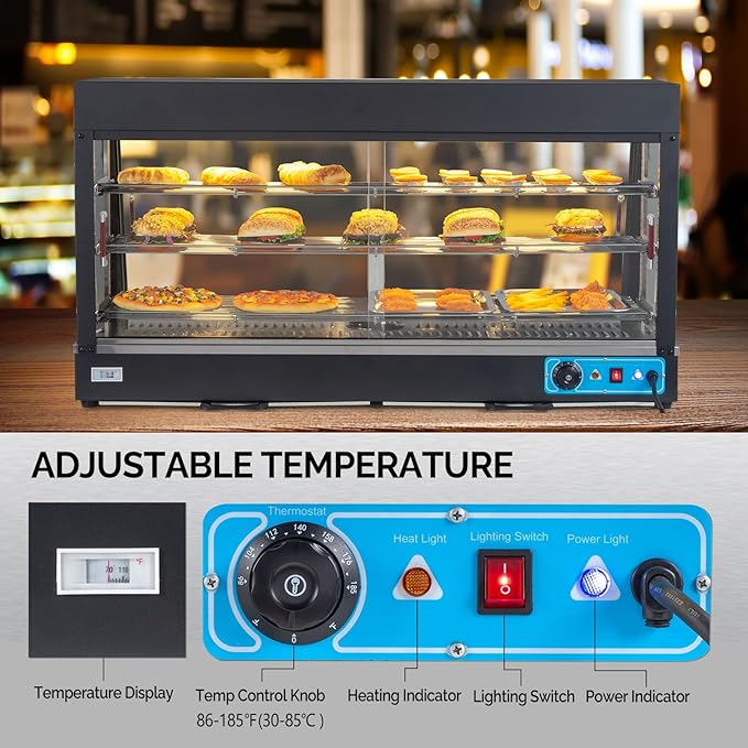ROVSUN 48" Food Warmer Pizza Warmer Countertop, 3-Tier Food Warmer Display Pretzel Warmer w/LED Adjustable Removable Shelves Front & Rear Doors, Pastry Display Case for Buffet Restaurant, 1800W