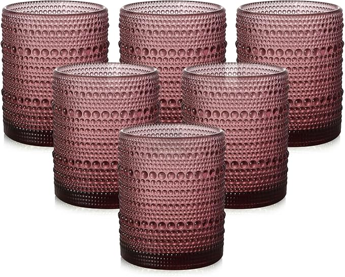 Vintage Glassware Drinking Glasses Set of 6,12 oz Hobnail Glass Cups,Embossed Purple Water Tumbler,for Beer,Cocktail,Whiskey,Juice and Various Mixed Drinks- 1 Cleaning Brush
