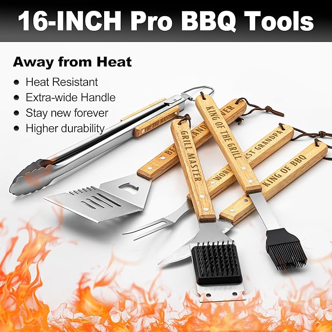 Grandpa Gifts from Grandkids, Grilling Gift Heavy Duty Wooden BBQ Grilling Accessories Kit, Thick Stainless Steel Grill Utensils with Non-Slip Handle Tools in Portable Bag on Christmas
