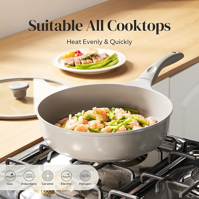 Redchef Deep Ceramic Frying Pan with Lid, Nonstick Saute Pan Cookware All Cooktop Compatibility, Stay-Cool Handles, PFOA Free, Healthy Coating, Tempered Glass Cover, Even Heat, Grey (3.7Qt, 10")