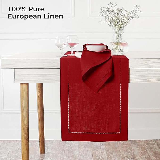 D'Moksha Homes Linen Red Table Runner 132 Inches Long - 100% Pure Linen Extra Long Table Runner 14 x 132 Inch for Summer, Fall and Halloween - Classic Hemstitch