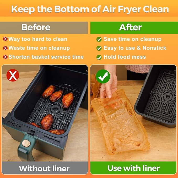 Vailnd Air Fryer Liners Disposable for Dual Basket, 100Pcs 8x5.5 Inch Rectangle Air Fryer Paper Liner for Ninja DZ201 DZ401, Chefman/COSORI 2-Basket Air Fryer, Oil Proof Parchment Paper