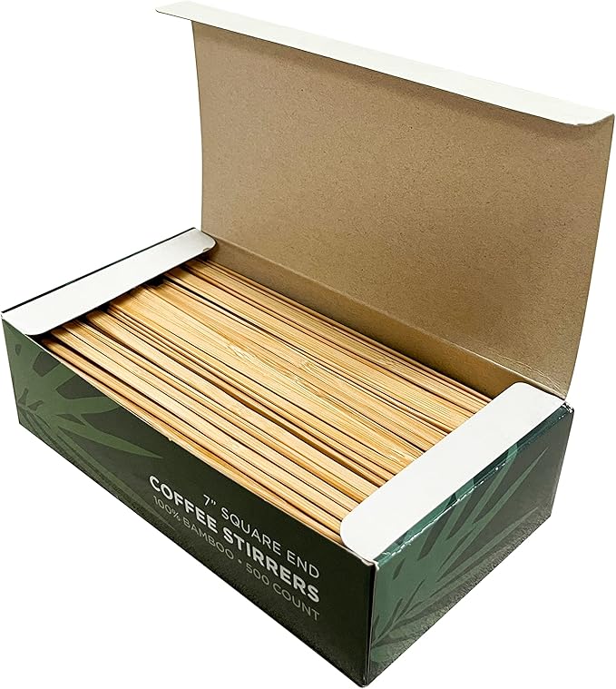 500 Count | KingSeal Bamboo Wood Coffee Stirrers, Square End, 7 inch Length, 100% Renewable and Biodegradable - 1 Box of 500