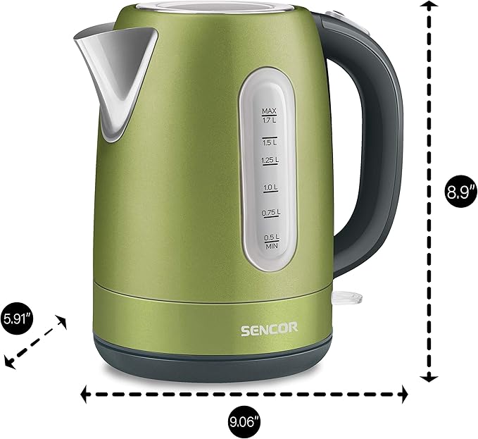 Sencor SWK1770GG 1.7L Stainless Steel Electric Kettle with Lid Safety Lock, Light Green